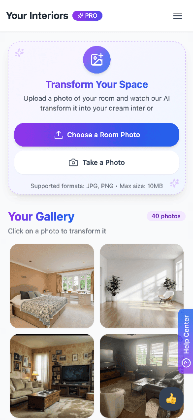 Step 1: Upload your room photo interface
