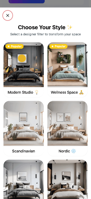 Selecting design styles and modes in AI interior design software
