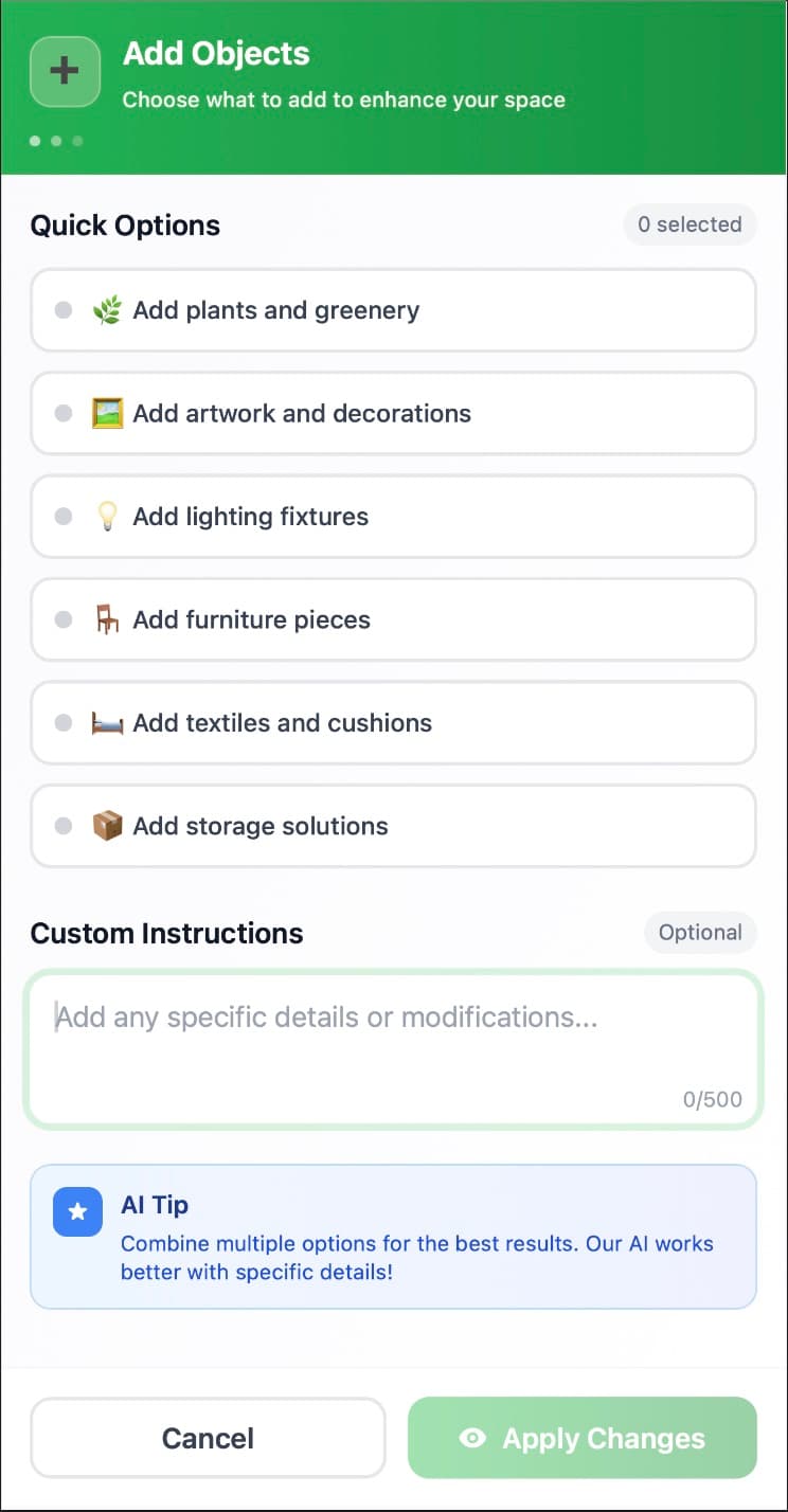 Comparison showing makeover vs enhancement transformation options for the same room photo