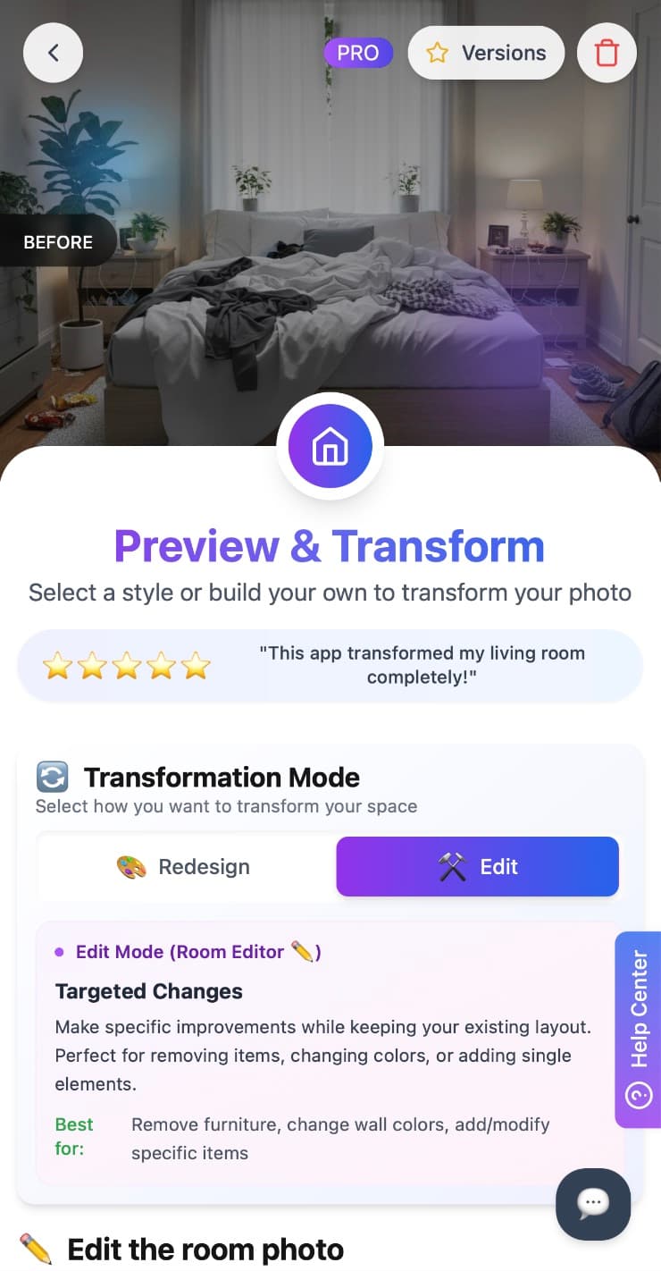 Screenshot of photo upload interface showing AI analysis of room features, dimensions, and design opportunities