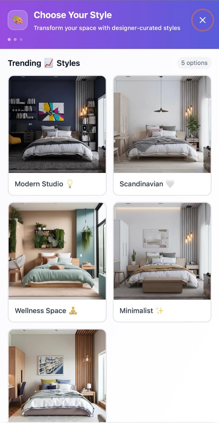 Gallery showing one room photo transformed into multiple design styles with photorealistic accuracy