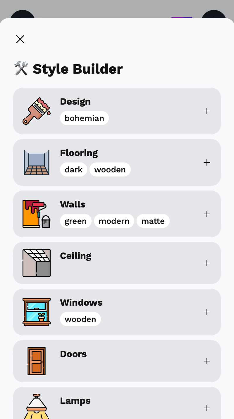 Visual style builder interface showing customizable design elements for walls, floors, and furniture