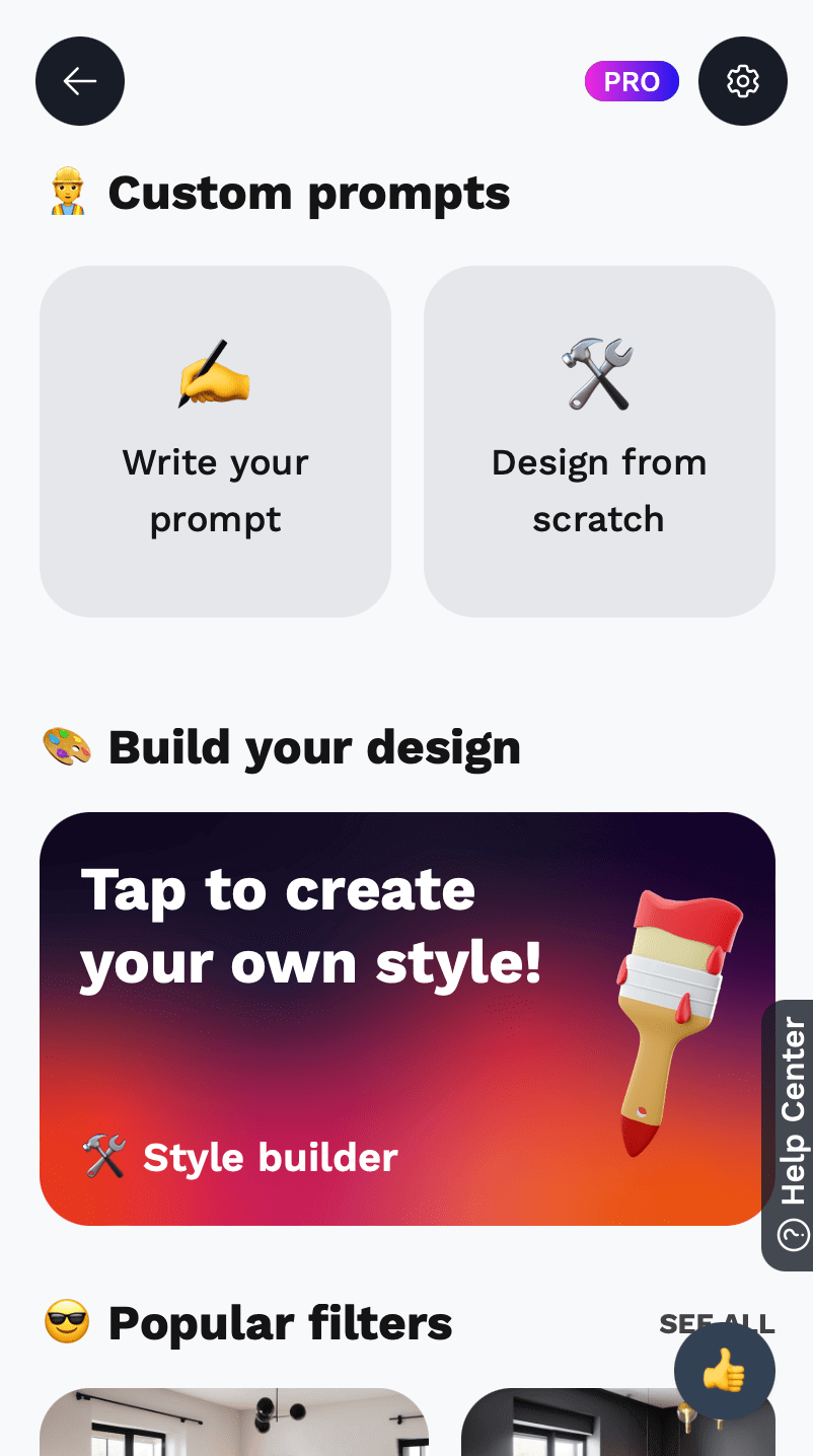 Text input interface where users can describe their desired room design in natural language, with example prompts and suggestions