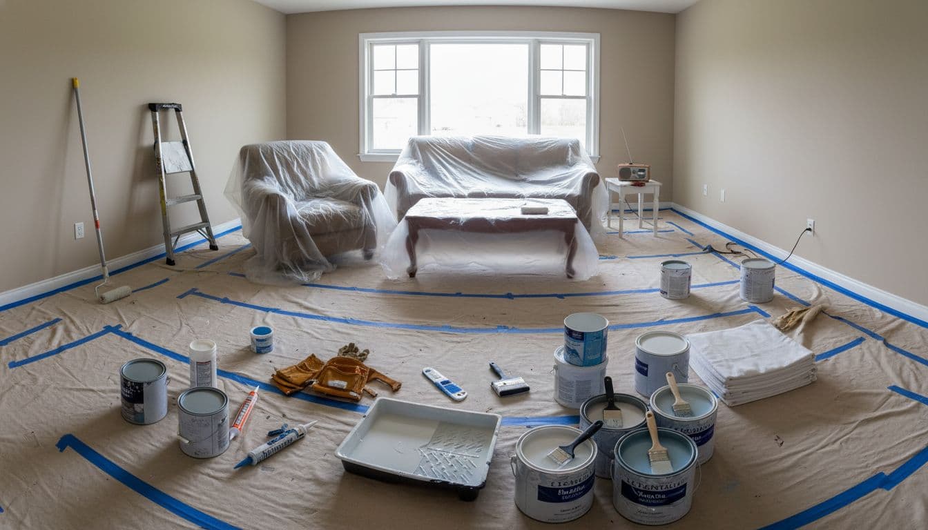 Paint supplies and prepped room ready for painting showing proper preparation setup