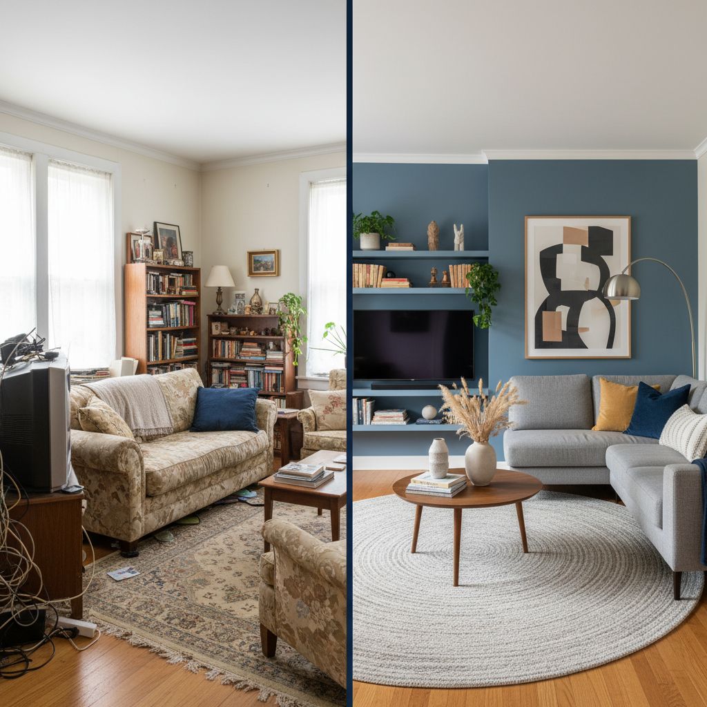 AI room designing transformation showing before and after interior design results