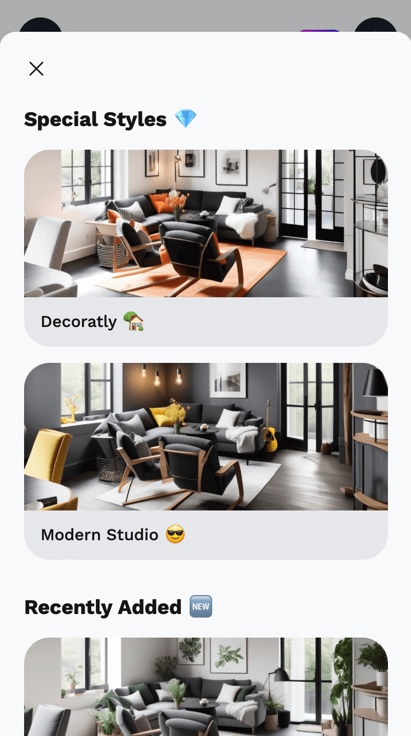 The AI interior design process: upload photo, AI analysis, and generated design options.