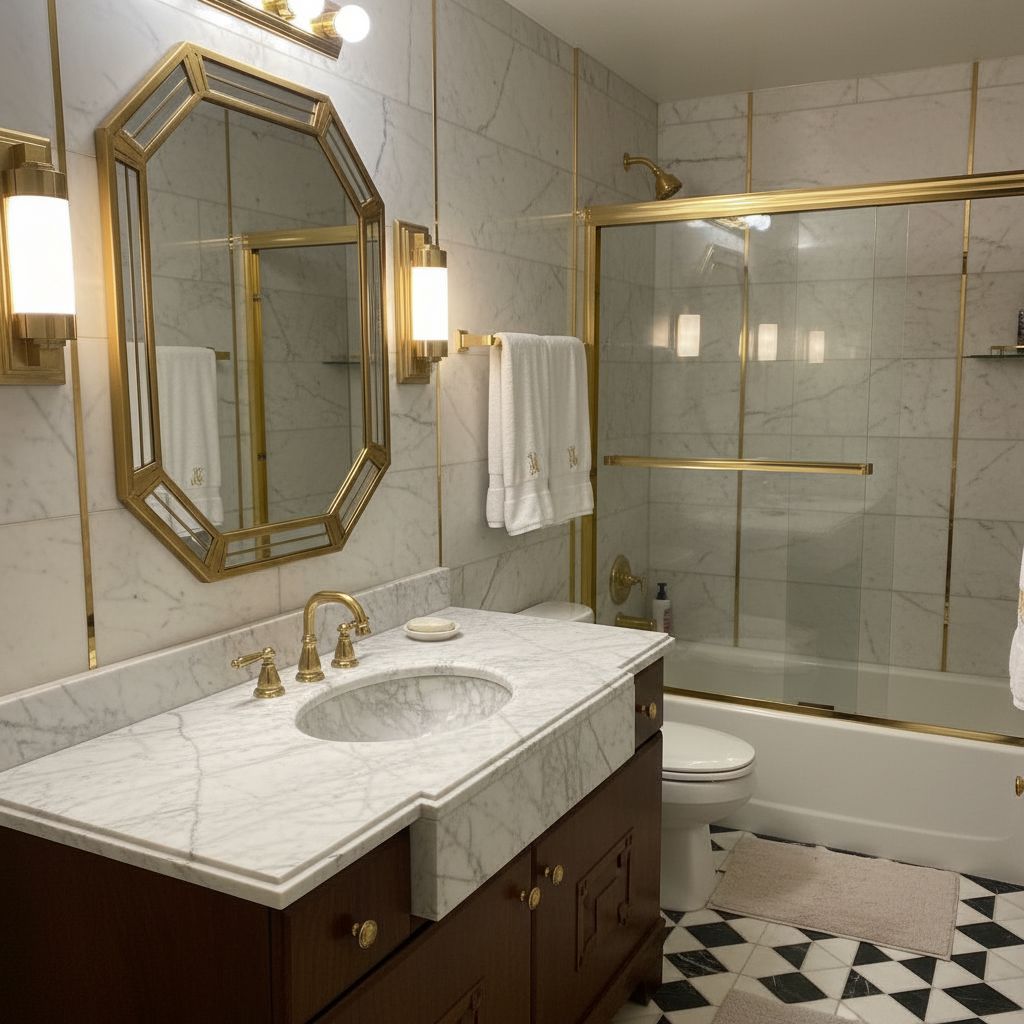 Bathroom after Art Deco interior design with marble and gold