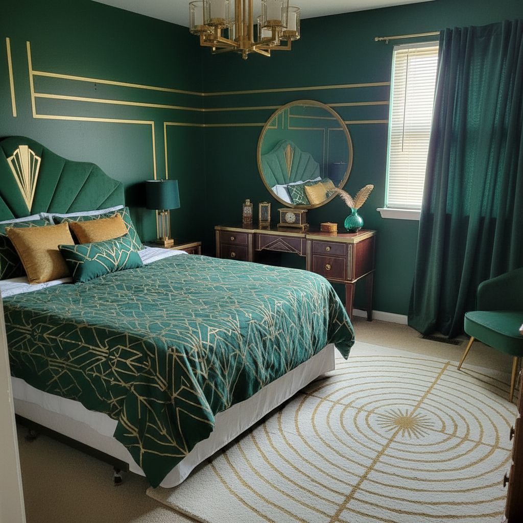 Master bedroom after Art Deco interior design with emerald and gold