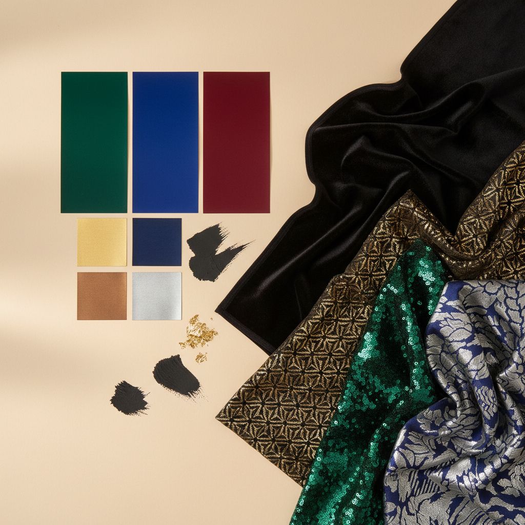 Art Deco color palette showing dramatic combinations of black and gold, navy and silver, emerald and brass in luxurious interior design setting