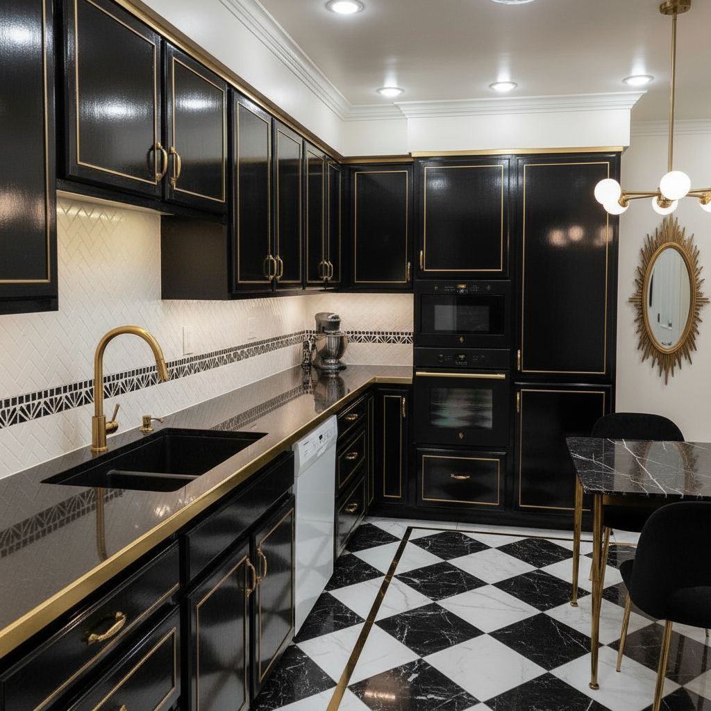 Kitchen after Art Deco interior design with black, white and brass