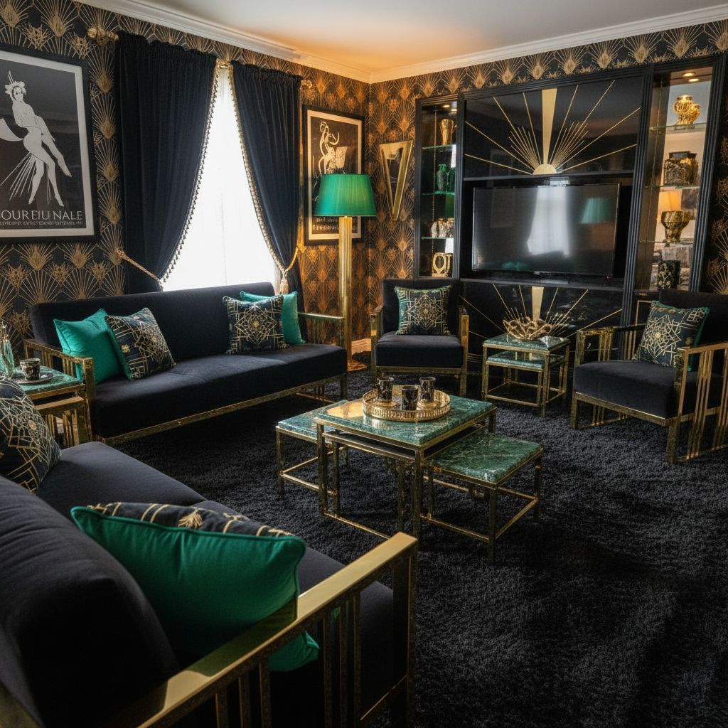 Living room after Art Deco interior design with black, gold, and emerald