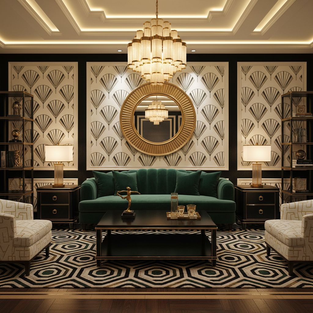 Stunning Art Deco living room featuring geometric patterns, gold accents, velvet furniture, marble surfaces, and symmetrical design showcasing authentic 1920s glamour