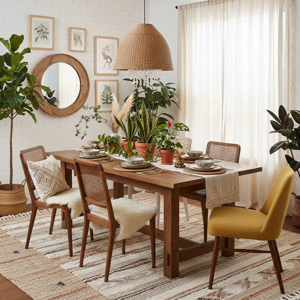 Boho dining room interior design with mismatched chairs