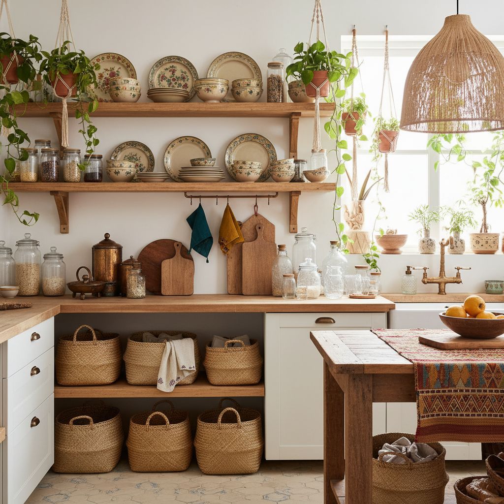 Boho kitchen interior design with open shelving and plants