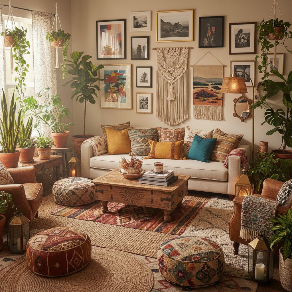 Boho living room interior design with layered textiles and abundant plants