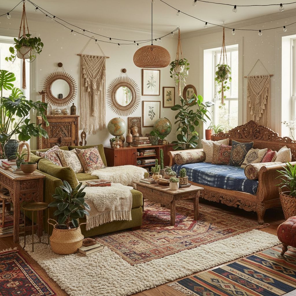 Beautiful boho living room with layered textiles, abundant plants, macramé wall hangings, and eclectic vintage furniture showcasing bohemian interior design style