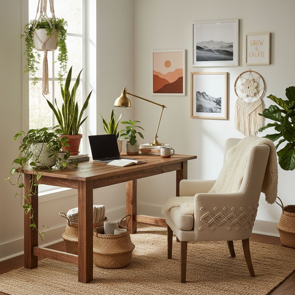 Boho home office interior design with plants and natural wood