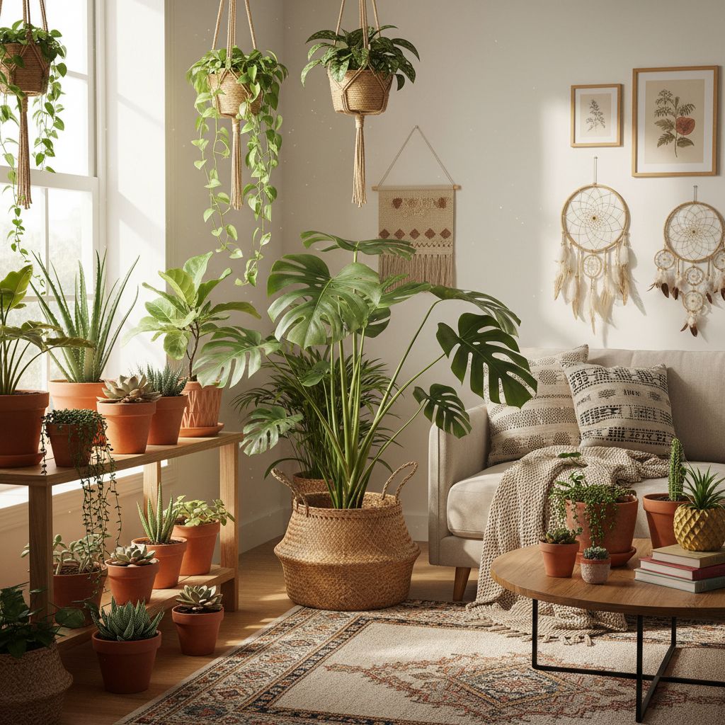 Boho room filled with various indoor plants including monstera, pothos, and succulents in terracotta and woven basket planters demonstrating bohemian interior design