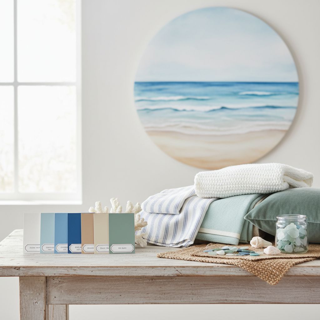 Coastal color palette showing whites, blues, sandy beiges, and seafoam greens used in beach house interior design with paint swatches and fabric samples