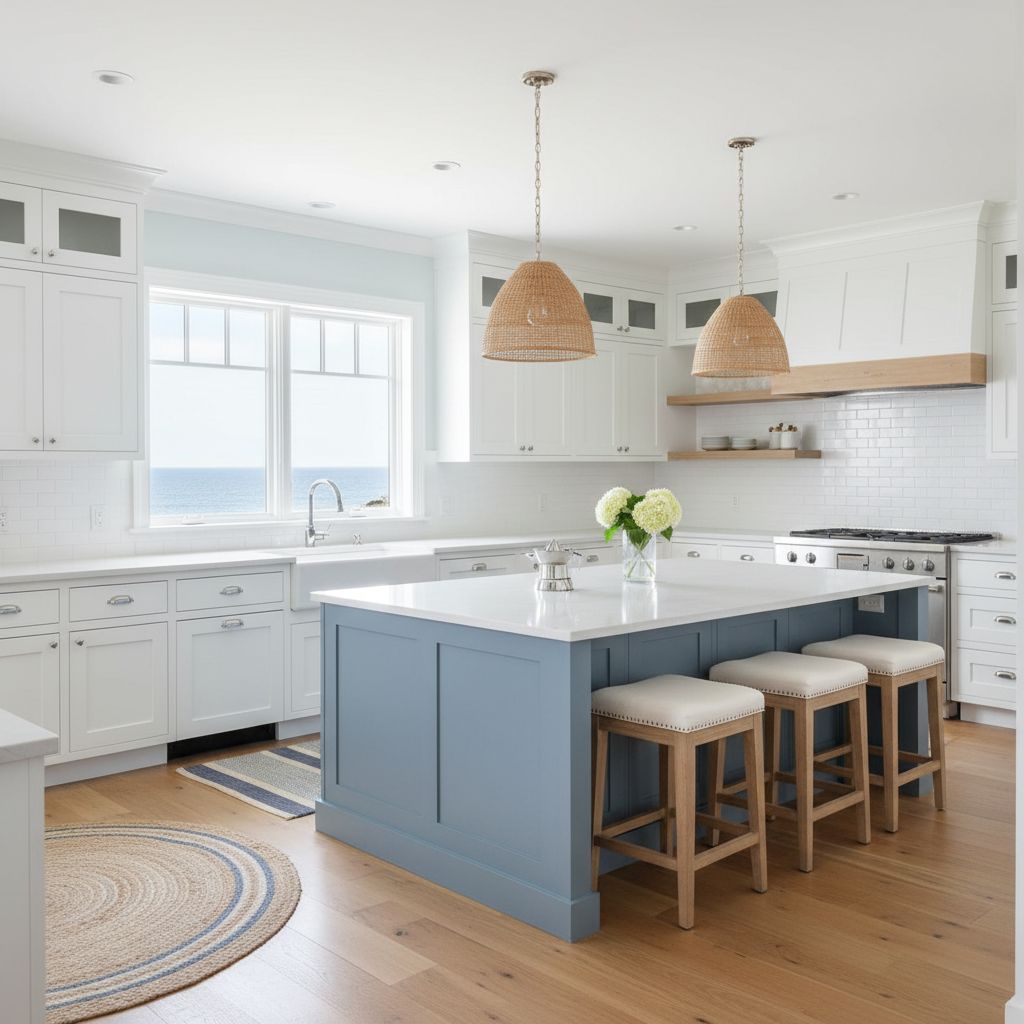 Coastal kitchen interior design with white cabinets and blue accents