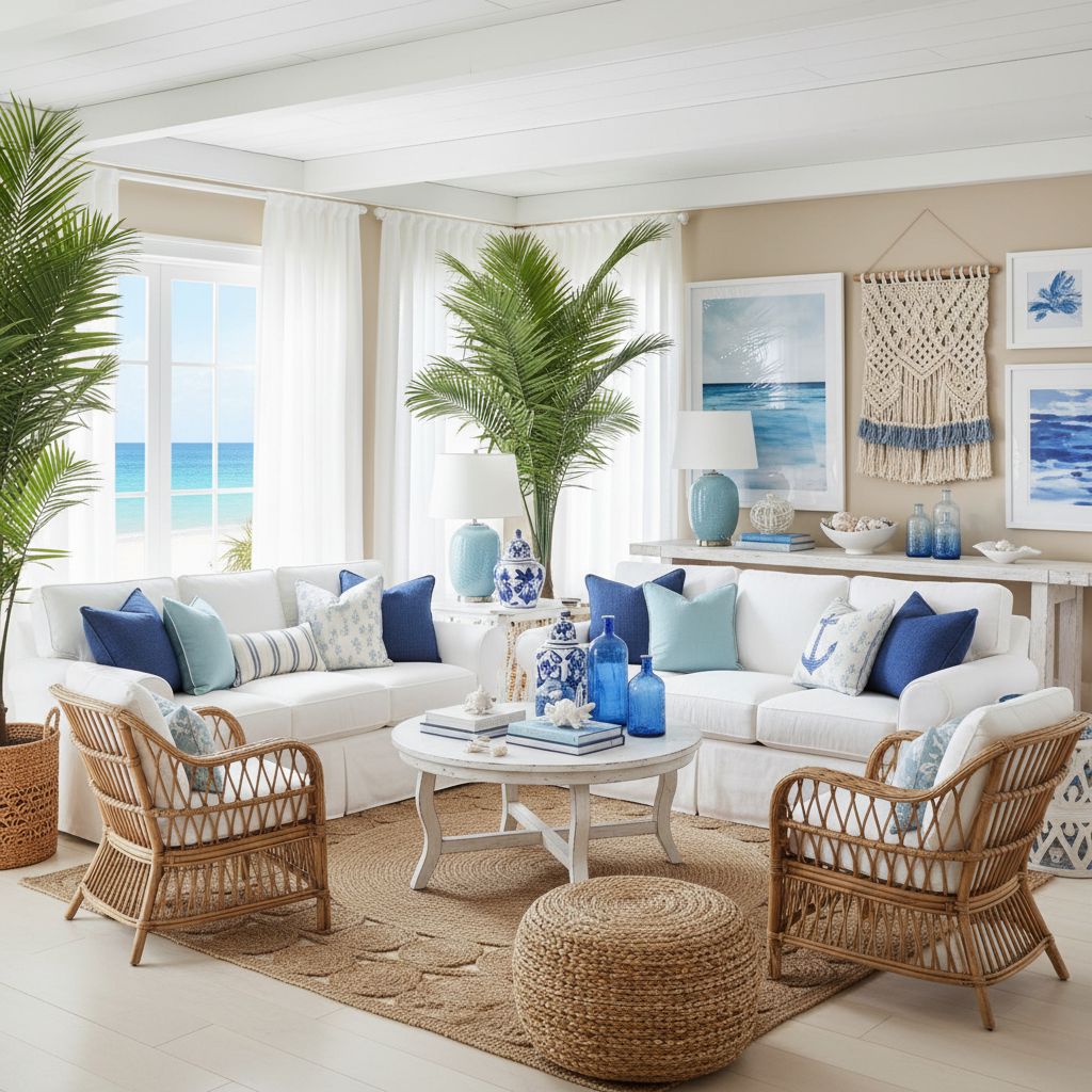 Coastal living room interior design with white slipcovered furniture and blue accents