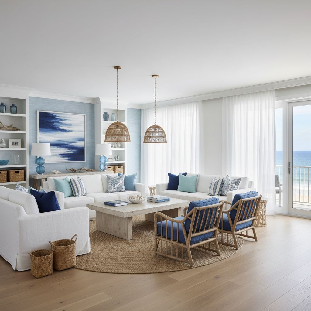 Modern coastal interior design blending contemporary furniture with beach house colors, natural textures, and ocean-inspired accessories