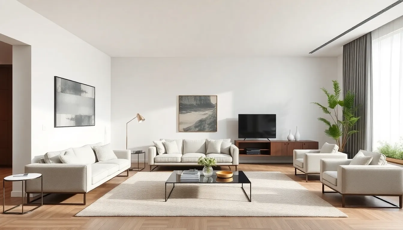 A sleek and modern contemporary living room with open space and natural light