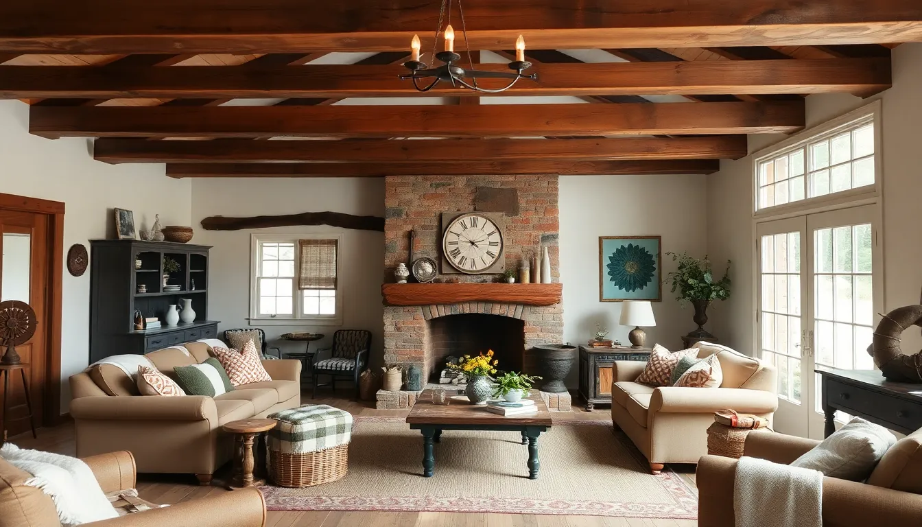 A cozy farmhouse living room with rustic elements and warm, neutral colors