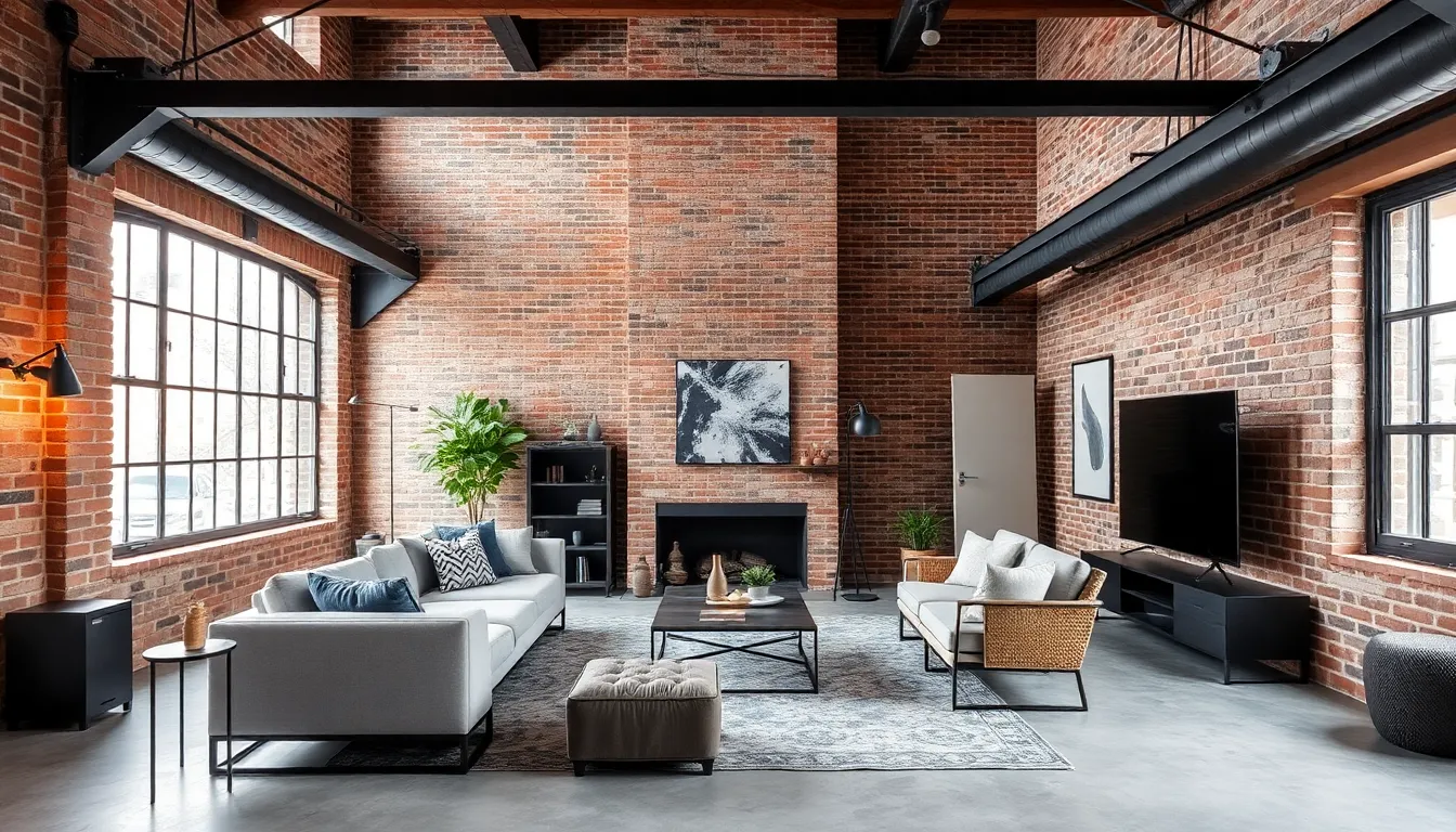 A stylish industrial living room with exposed brick and metal accents
