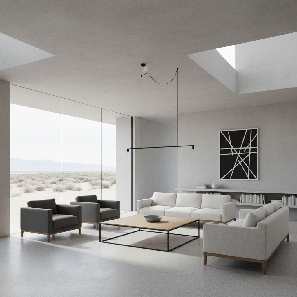 Minimalist furniture with clean lines including simple sofa, geometric coffee table, and unadorned shelving showcasing minimalist interior design principles