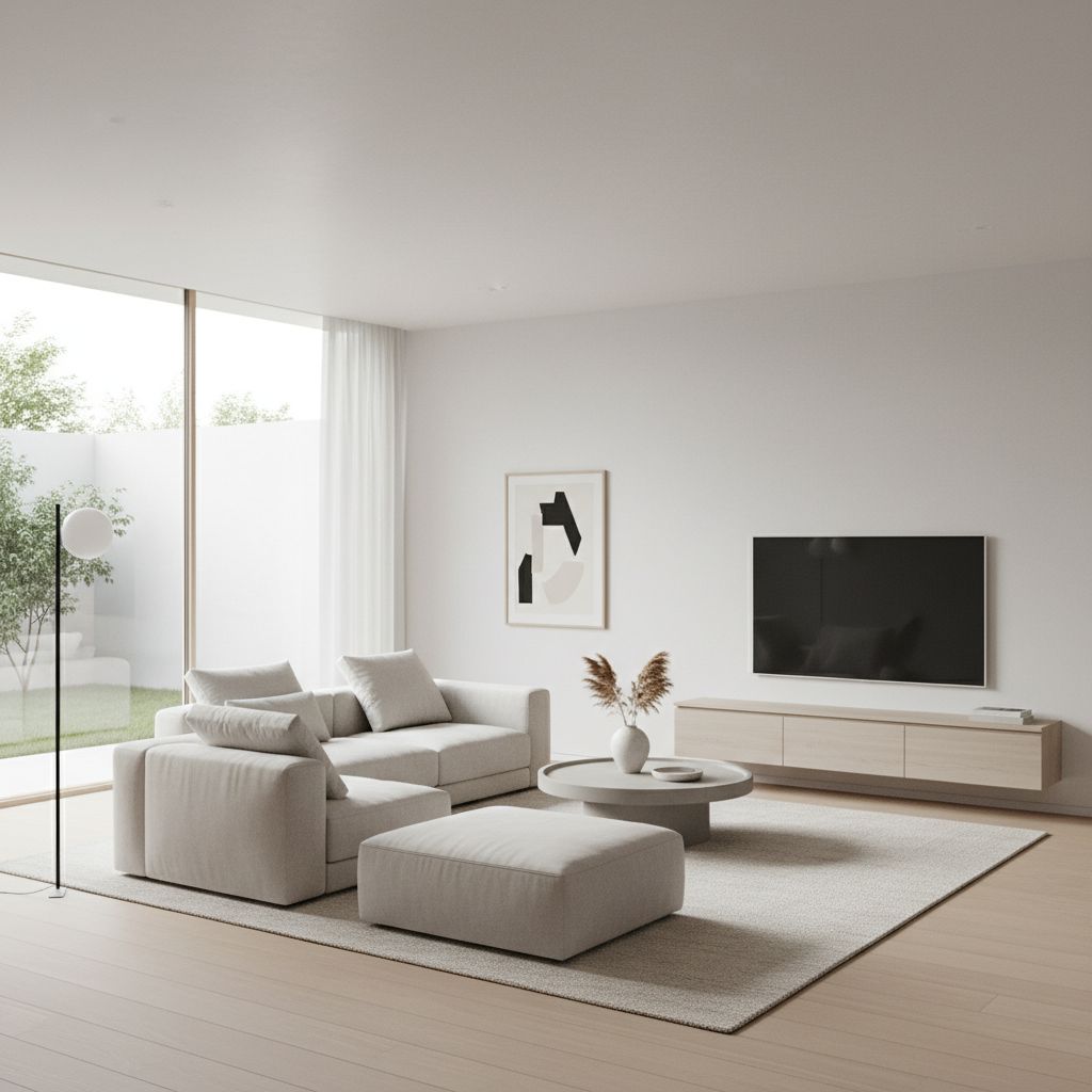 Beautiful minimalist living room with clean lines, neutral colors, and intentional design showcasing modern minimalist interior design principles