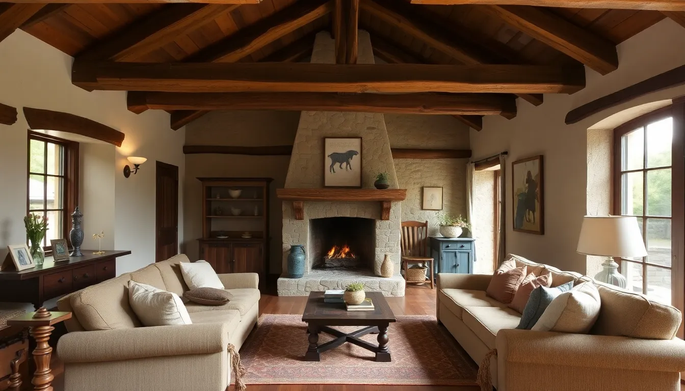 A cozy rustic living room with exposed wooden beams, stone fireplace, and natural textures