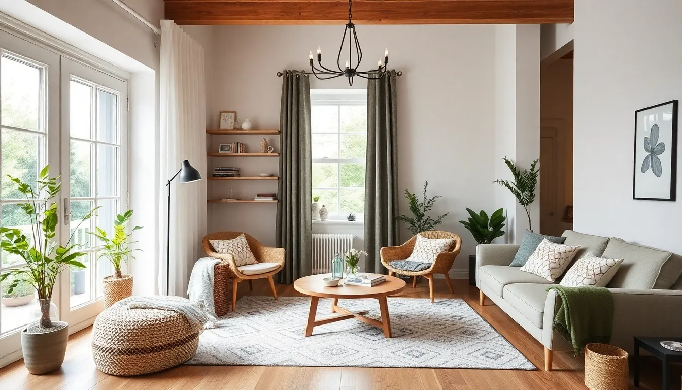 A bright and cozy Scandinavian living room with white walls, light wood furniture, and natural textiles
