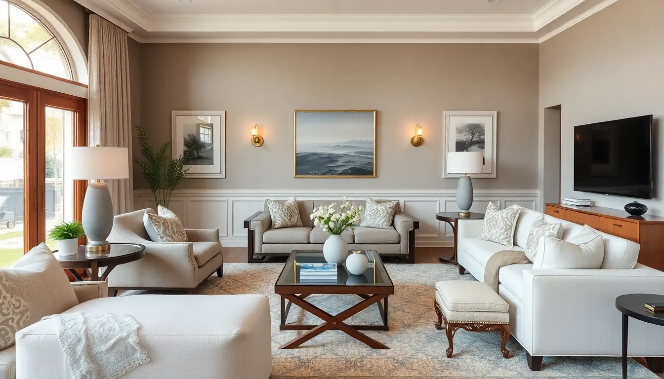 A elegant transitional living room blending classic and modern elements