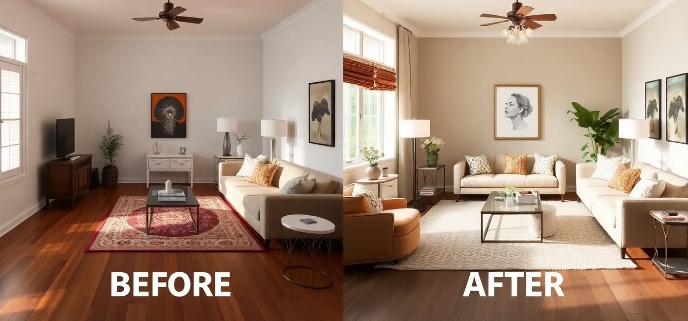 Complete room transformation by interior designer showing structural and aesthetic changes