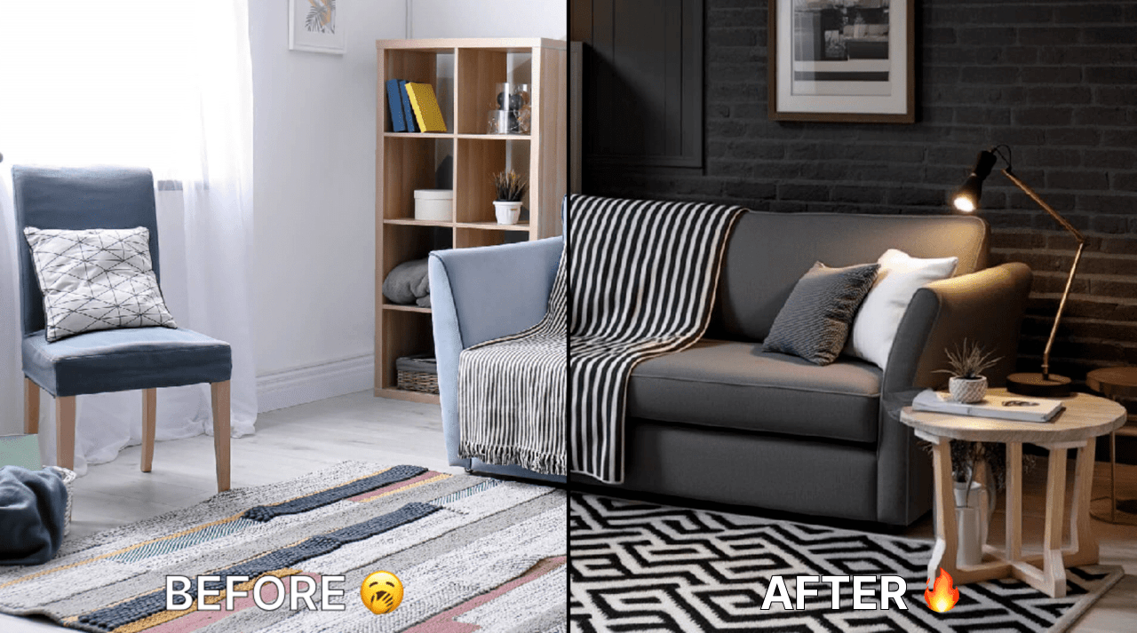 Before and after shabby chic interior design transformation with Decoratly.
